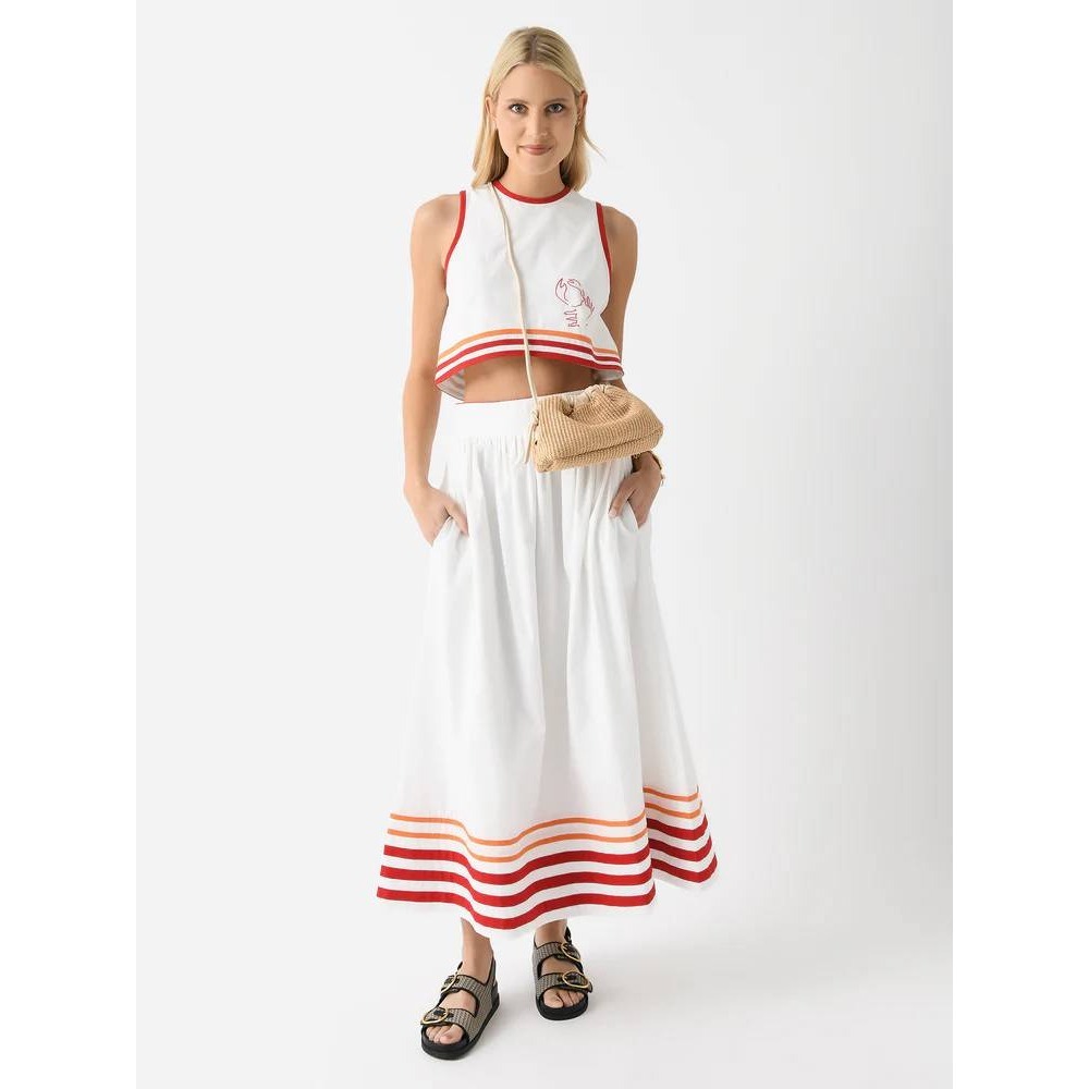 De Loreta Encantada Skirt White Tangerine Striped‎ Hem Cotton Maxi Skirt Large